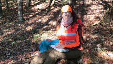 Christine in Massachusetts doing a woodlot survey in Hubbardston Christine surveying woodlot in Hubbardston Massachusetts